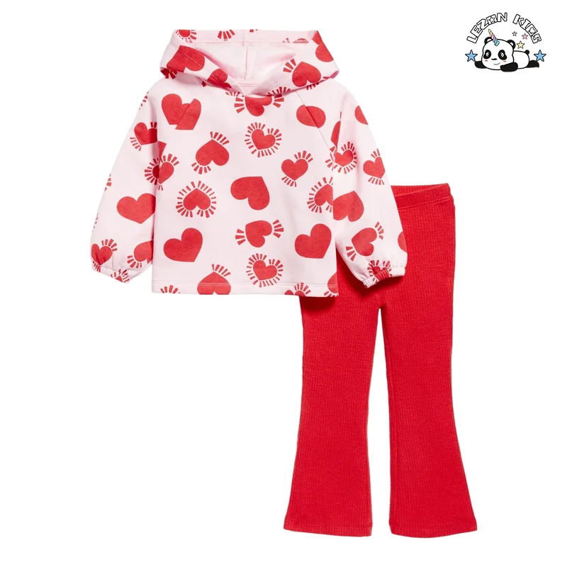LEZONKIDS - Trendy Lovely Girls Heart Graphic 2 PCS Hoodie Sets Fashion Design Girls Clothing Set